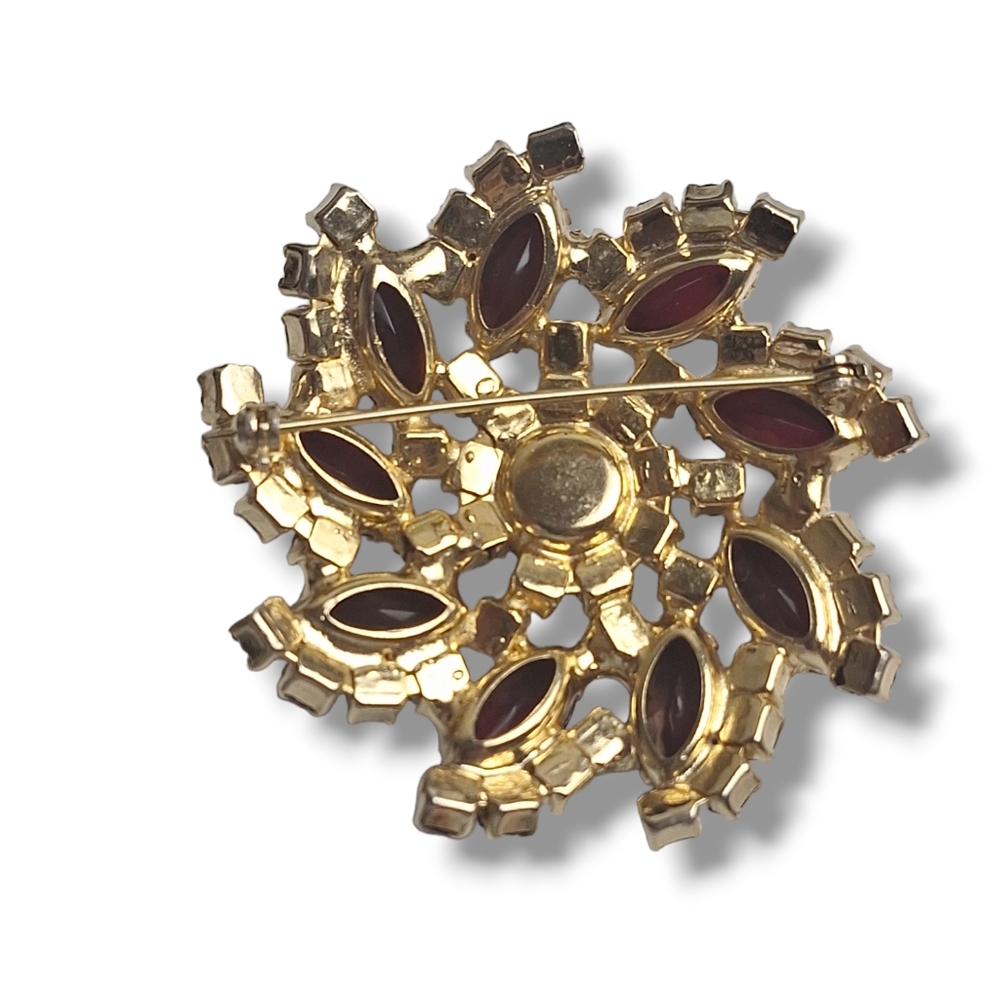 Vintage Gold Tone Red & Red AB Rhinestone Spinner Brooch (Glows Yellow) - Picture 2 of 9